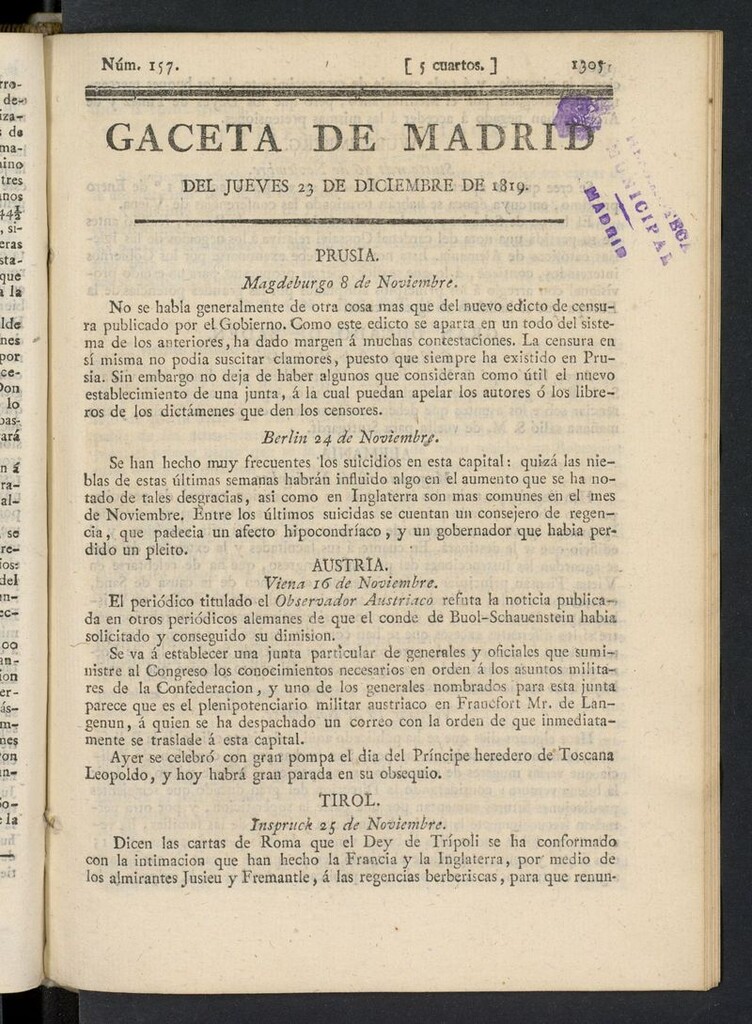 Miniatura de Gazeta de Madrid del 23 de diciembre de 1819