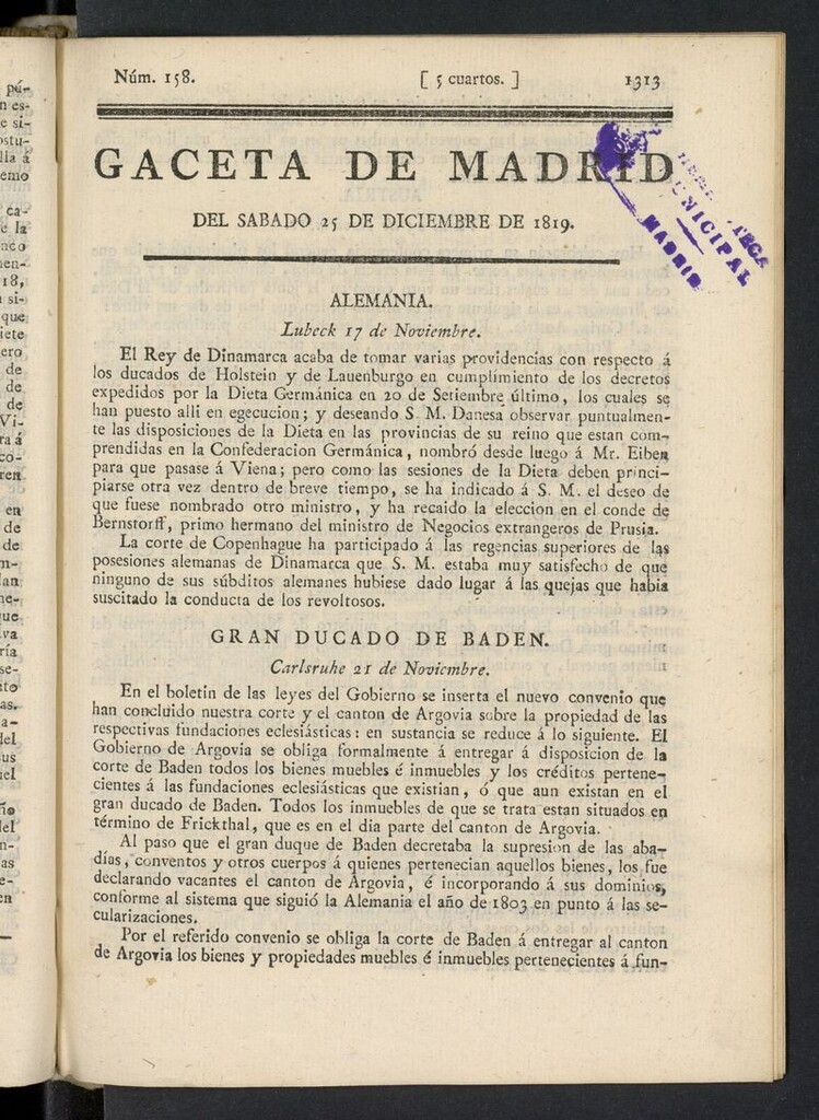 Miniatura de Gazeta de Madrid del 25 de diciembre de 1819