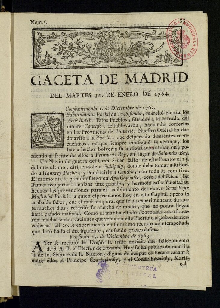 Miniatura de Gazeta de Madrid del 31 de enero de 1764