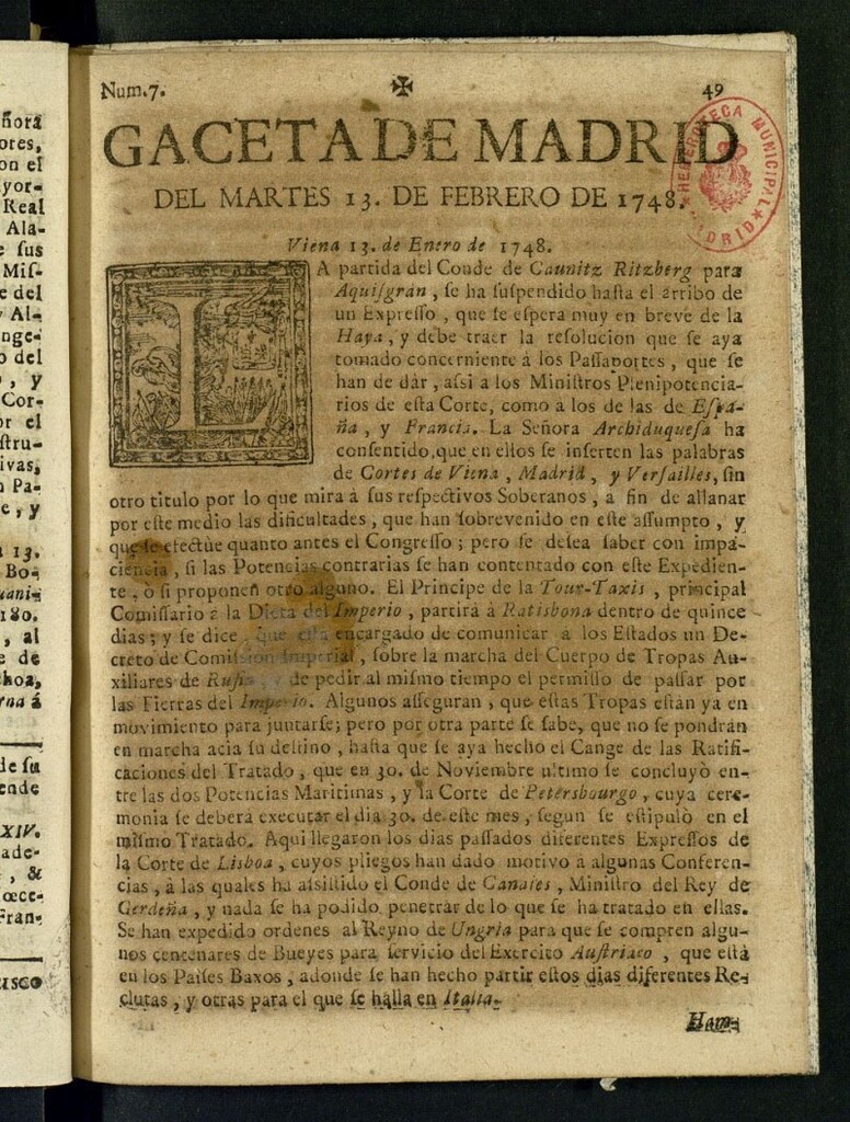 Miniatura de Gazeta de Madrid del 13 de febrero de 1748