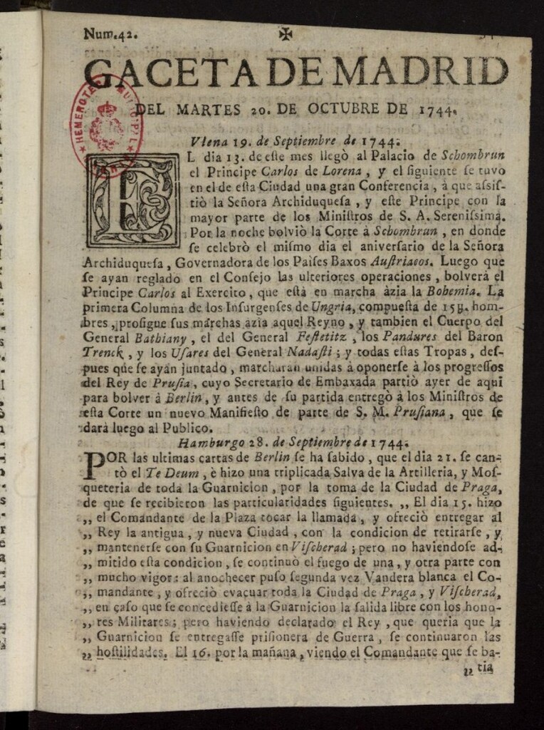 Miniatura de Gazeta de Madrid del 20 de octubre de 1744