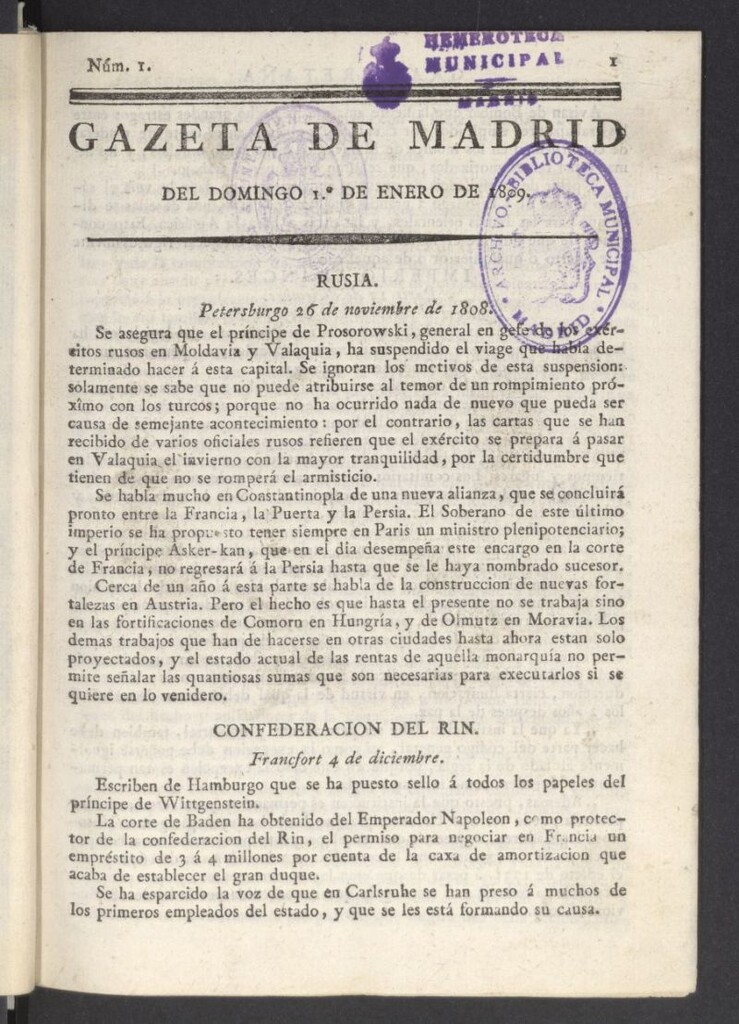 Miniatura de Gazeta de Madrid del 1 de enero de 1809