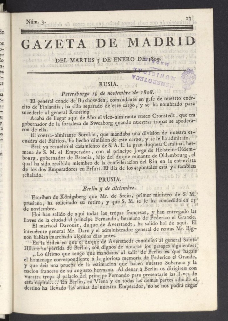 Miniatura de Gazeta de Madrid del 3 de enero de 1809