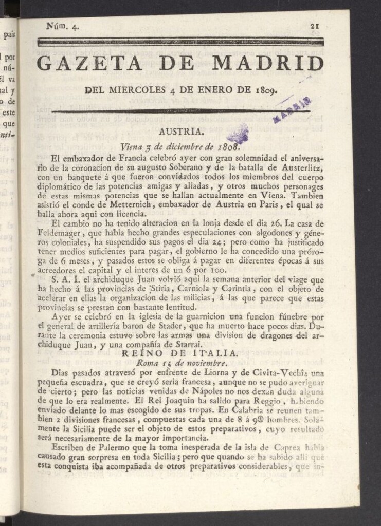 Miniatura de Gazeta de Madrid del 4 de enero de 1809