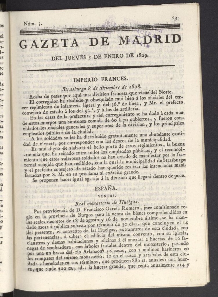 Miniatura de Gazeta de Madrid del 5 de enero de 1809