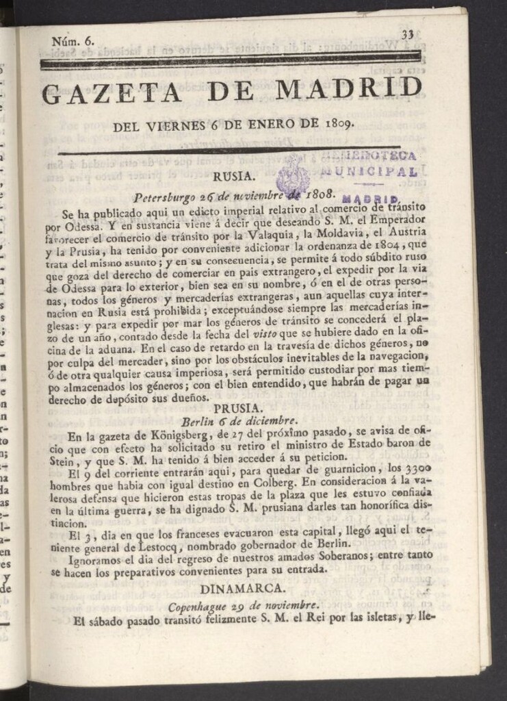Miniatura de Gazeta de Madrid del 6 de enero de 1809