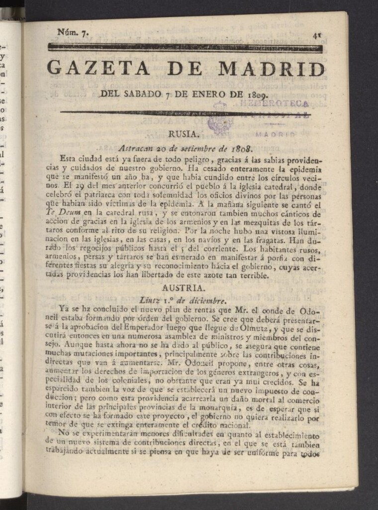 Miniatura de Gazeta de Madrid del 7 de enero de 1809