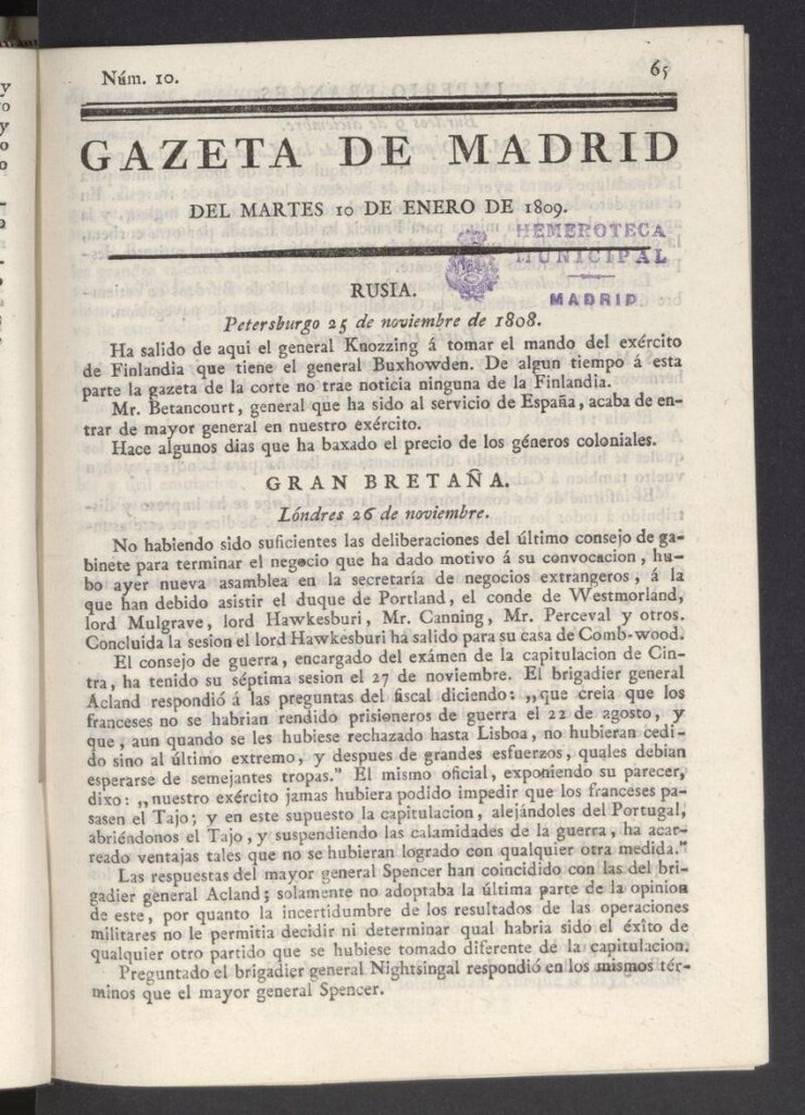 Miniatura de Gazeta de Madrid del 10 de enero de 1809