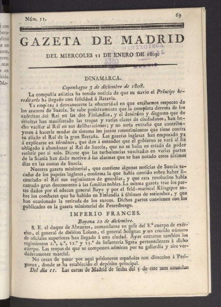 Miniatura de Gazeta de Madrid del 11 de enero de 1809