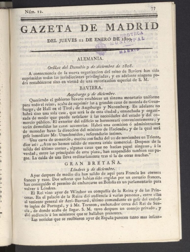 Miniatura de Gazeta de Madrid del 12 de enero de 1809