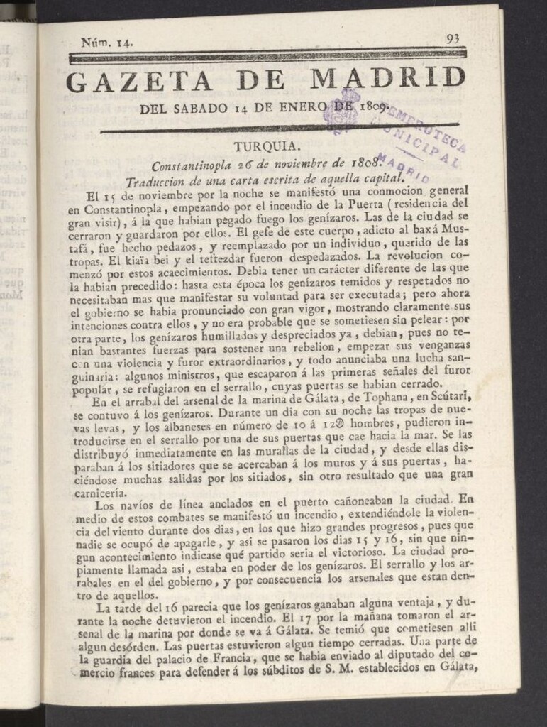 Miniatura de Gazeta de Madrid del 14 de enero de 1809