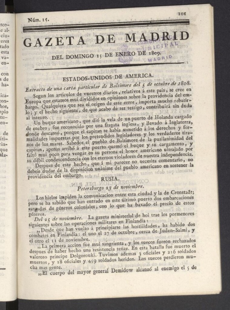 Miniatura de Gazeta de Madrid del 15 de enero de 1809