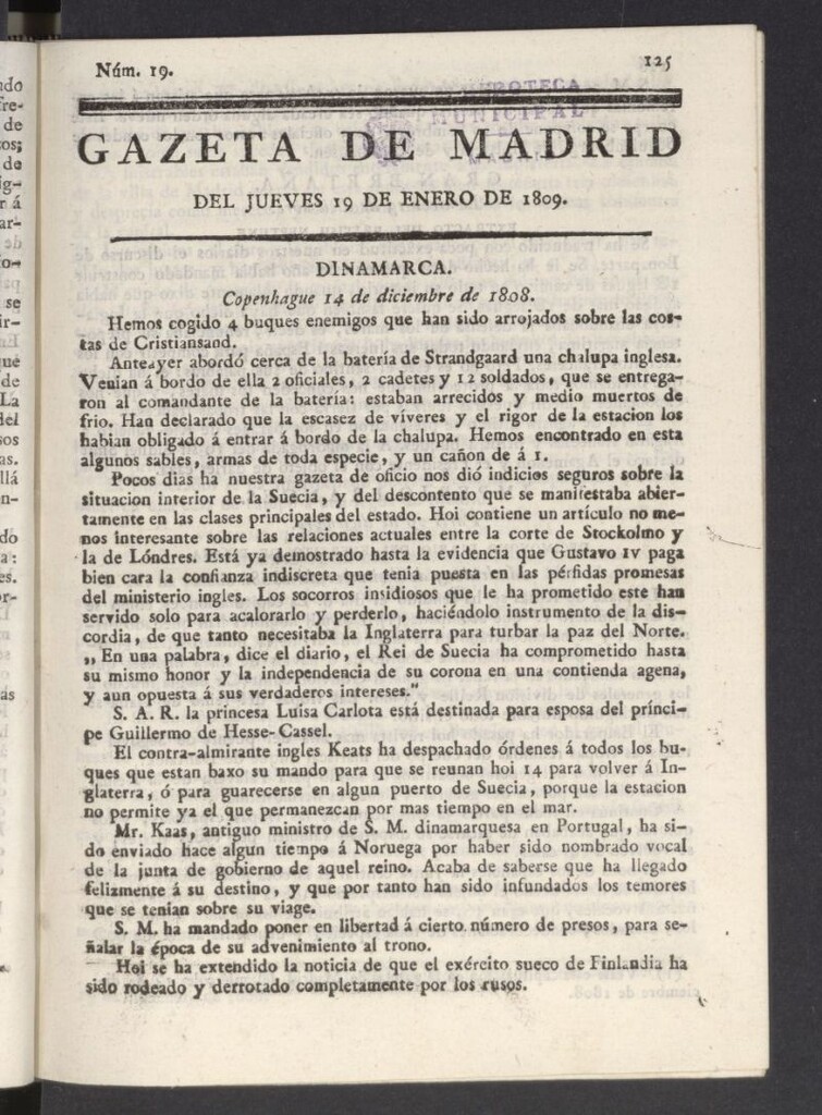 Miniatura de Gazeta de Madrid del 19 de enero de 1809