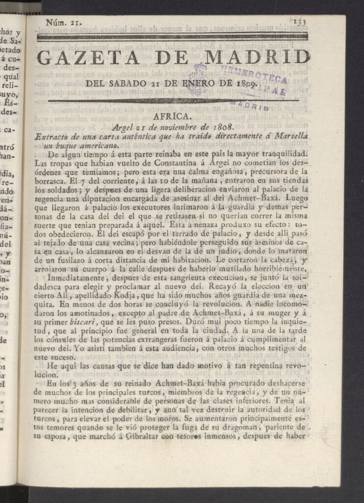 Miniatura de Gazeta de Madrid del 21 de enero de 1809