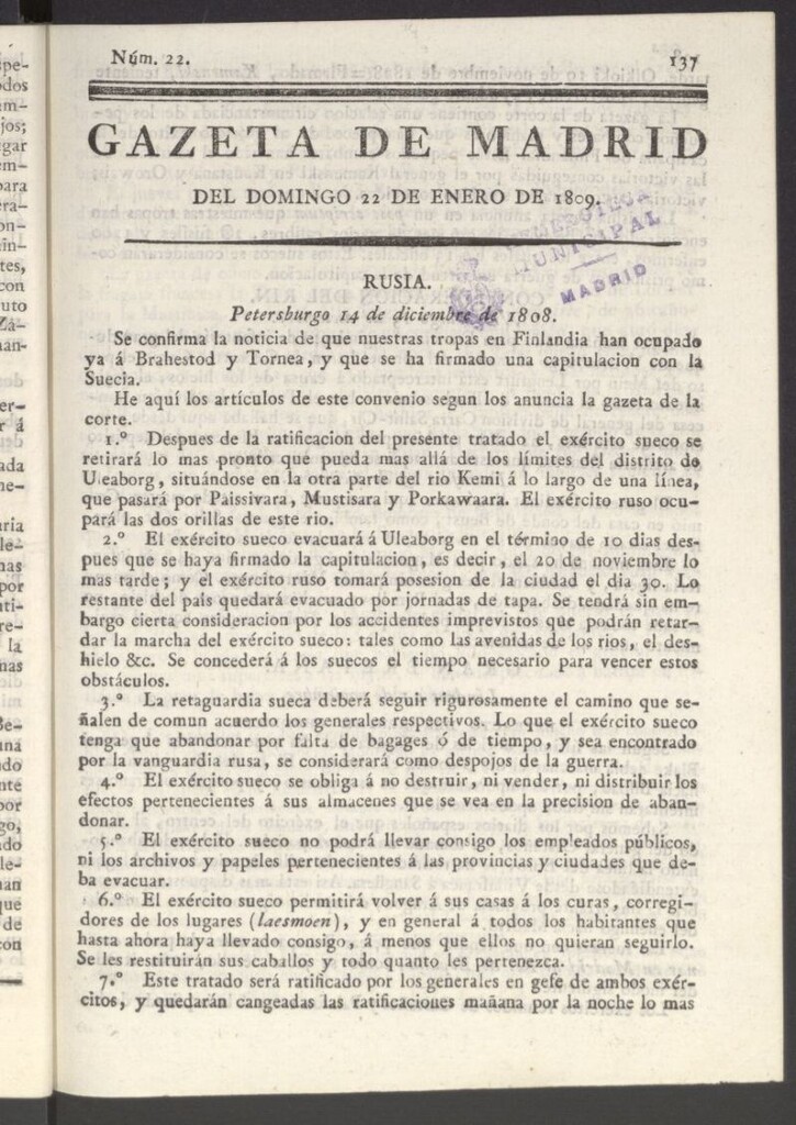 Miniatura de Gazeta de Madrid del 22 de enero de 1809