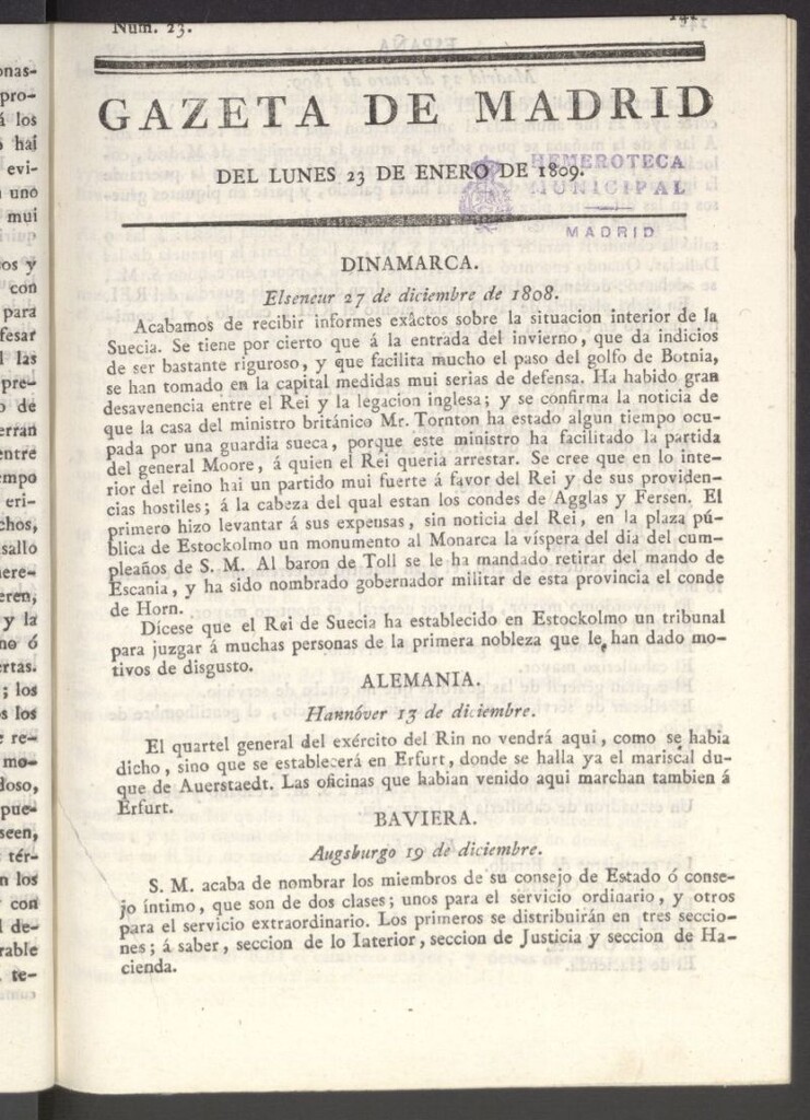 Miniatura de Gazeta de Madrid del 23 de enero de 1809