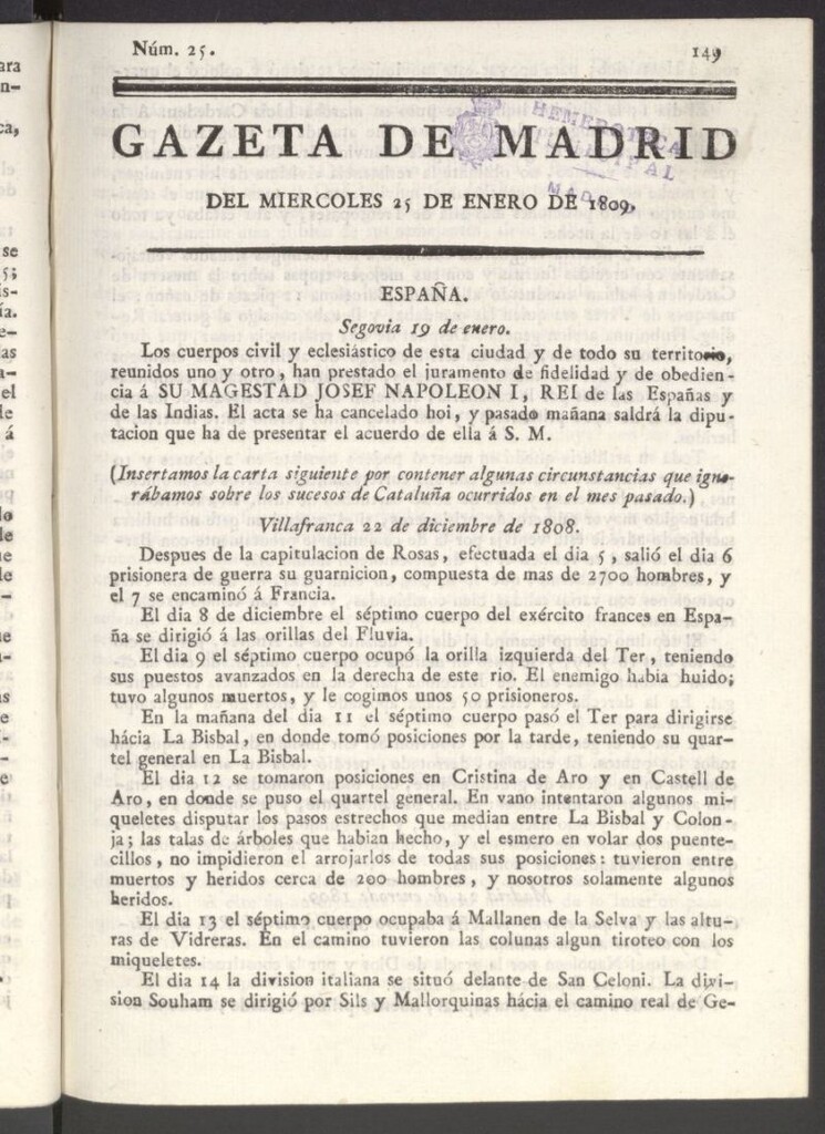Miniatura de Gazeta de Madrid del 25 de enero de 1809