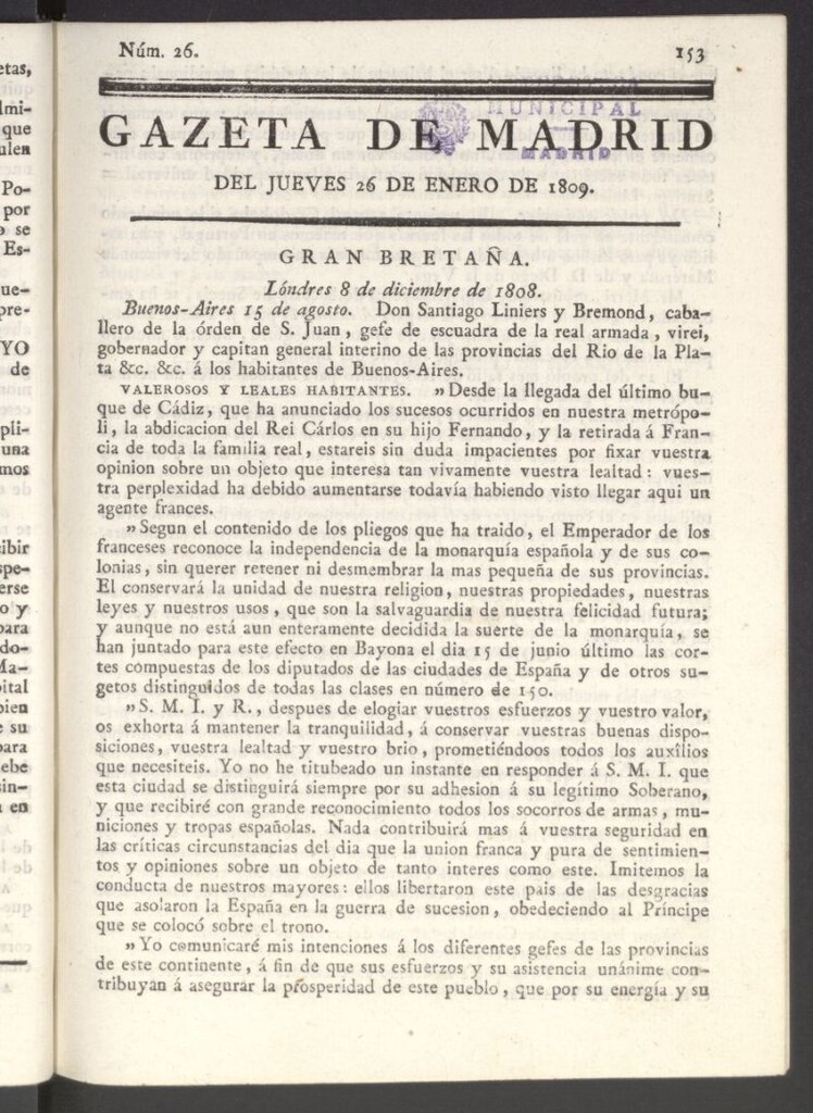 Miniatura de Gazeta de Madrid del 26 de enero de 1809