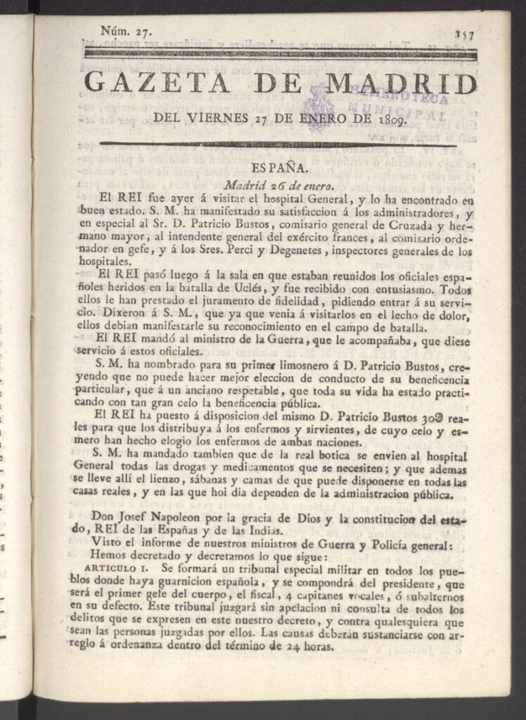 Miniatura de Gazeta de Madrid del 27 de enero de 1809