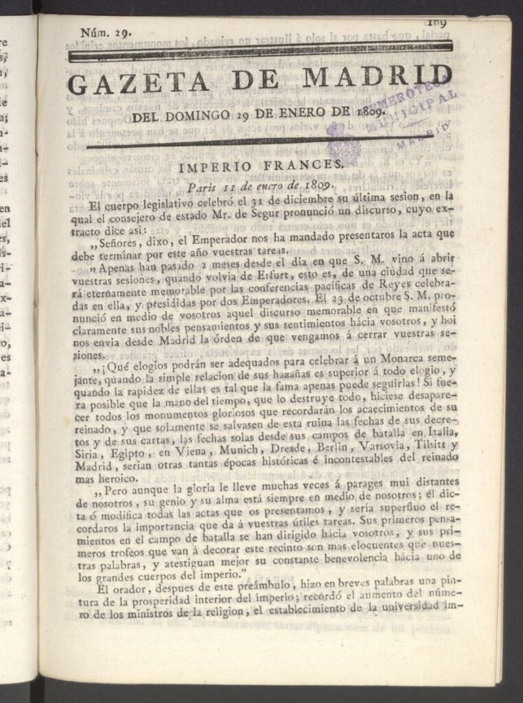 Miniatura de Gazeta de Madrid del 29 de enero de 1809