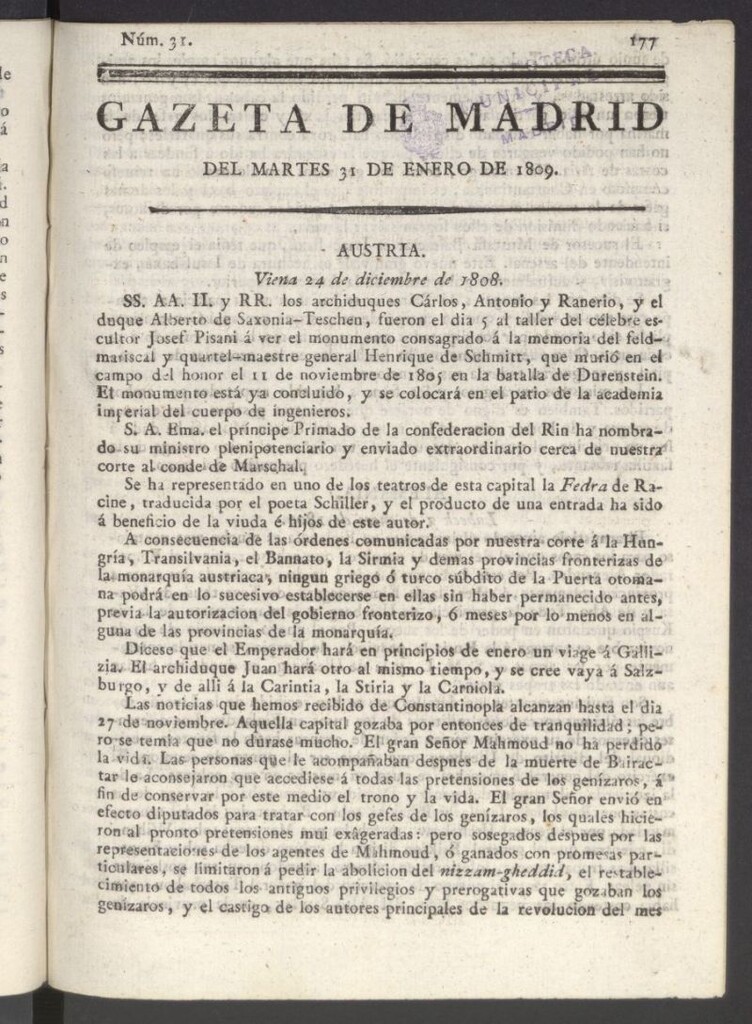 Miniatura de Gazeta de Madrid del 31 de enero de 1809