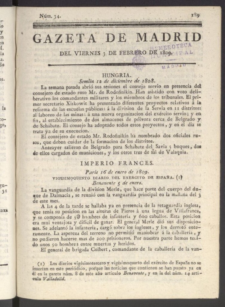 Miniatura de Gazeta de Madrid del 3 de febrero de 1809