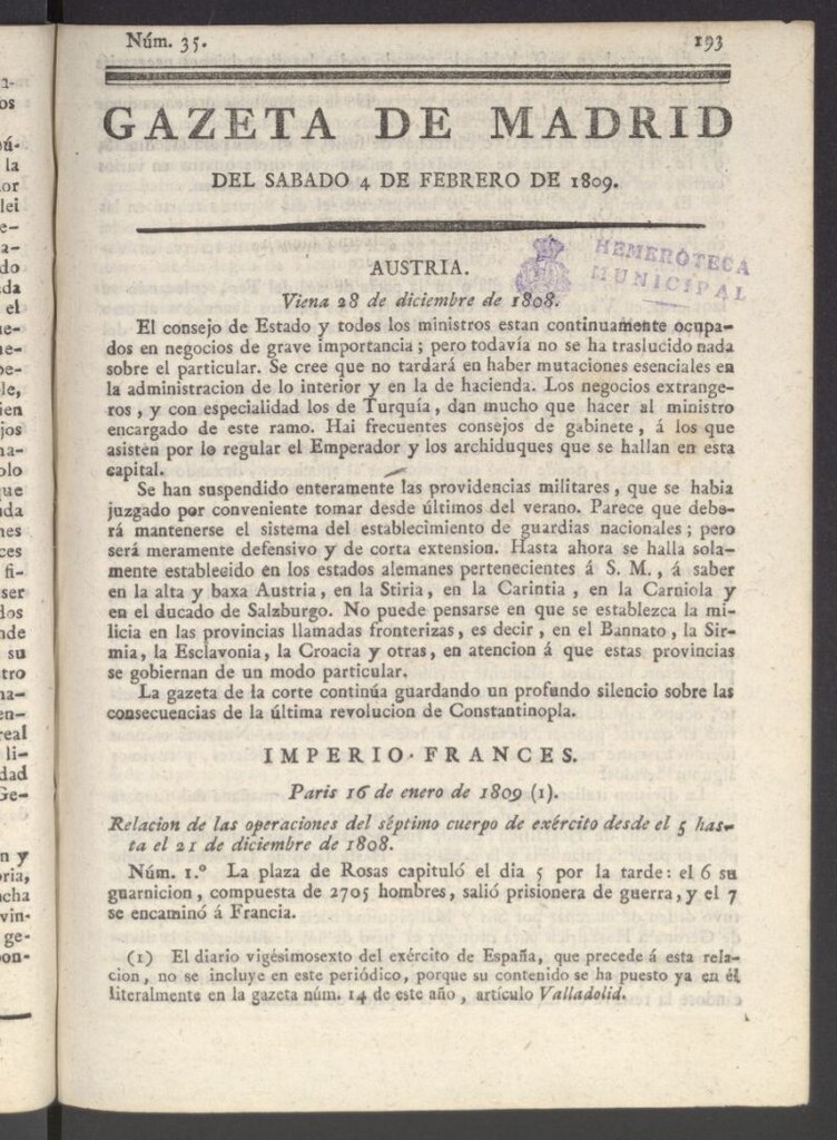 Miniatura de Gazeta de Madrid del 4 de febrero de 1809