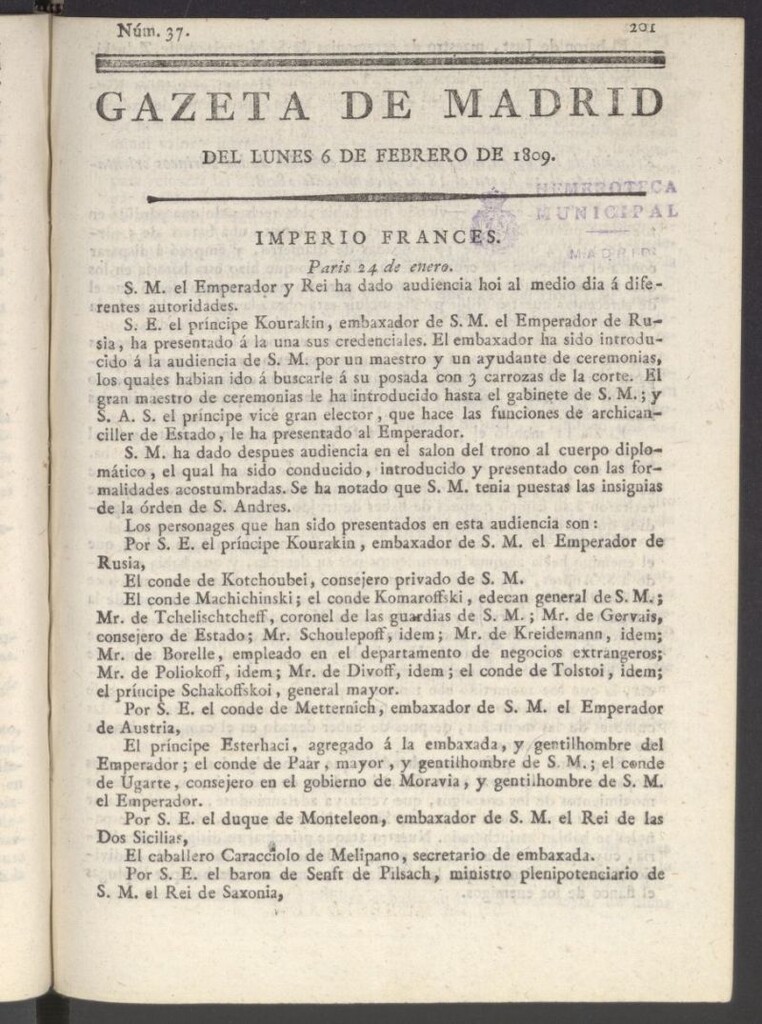 Miniatura de Gazeta de Madrid del 6 de febrero de 1809