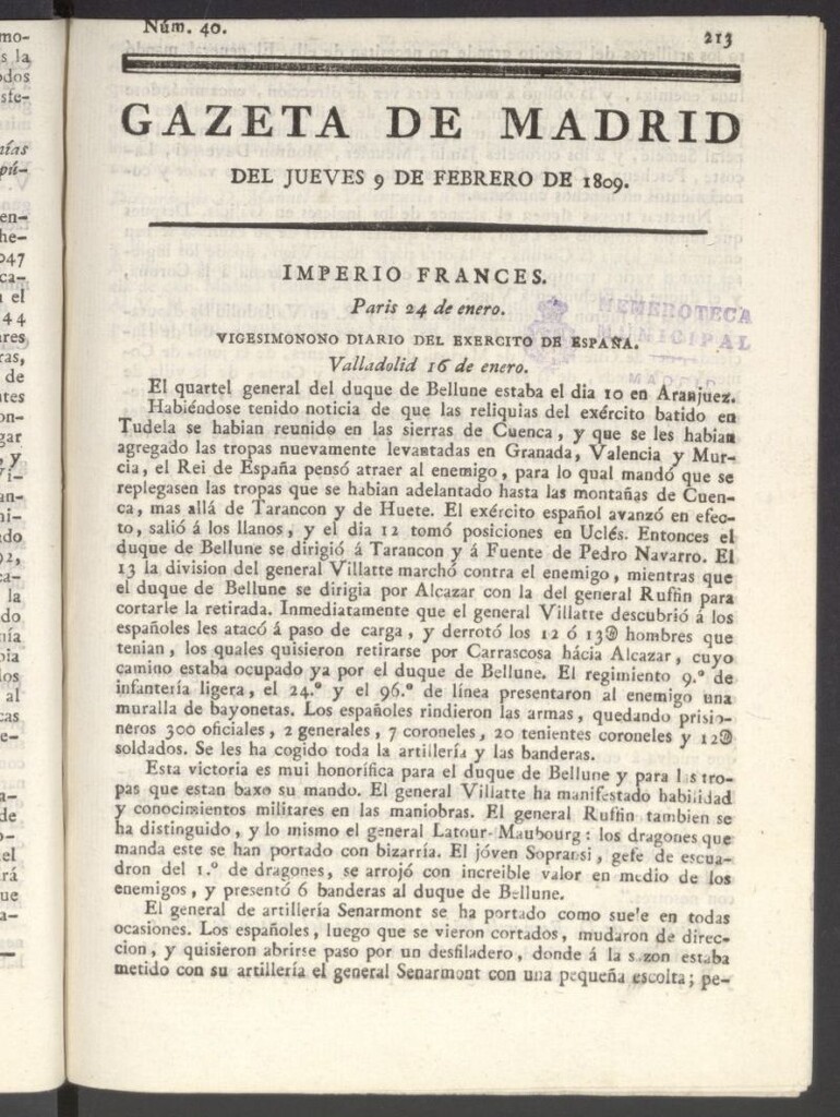 Miniatura de Gazeta de Madrid del 9 de febrero de 1809