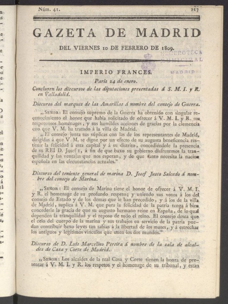 Miniatura de Gazeta de Madrid del 10 de febrero de 1809