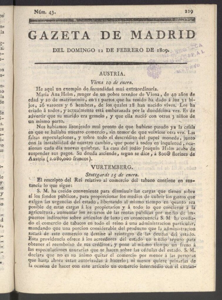 Miniatura de Gazeta de Madrid del 12 de febrero de 1809