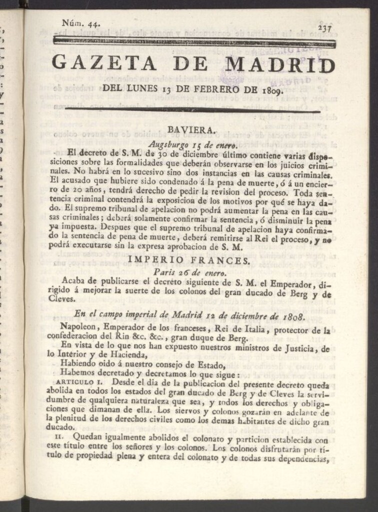 Miniatura de Gazeta de Madrid del 13 de febrero de 1809