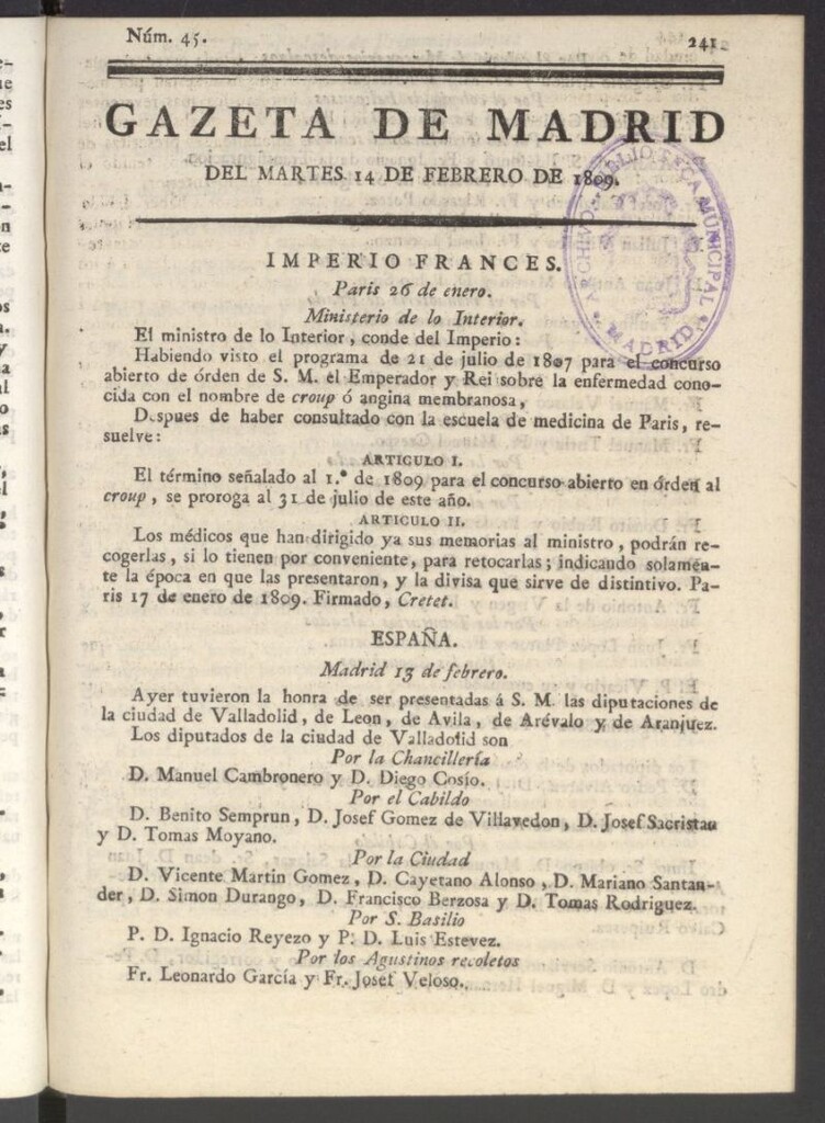 Miniatura de Gazeta de Madrid del 14 de febrero de 1809