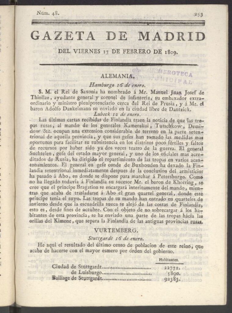Miniatura de Gazeta de Madrid del 17 de febrero de 1809