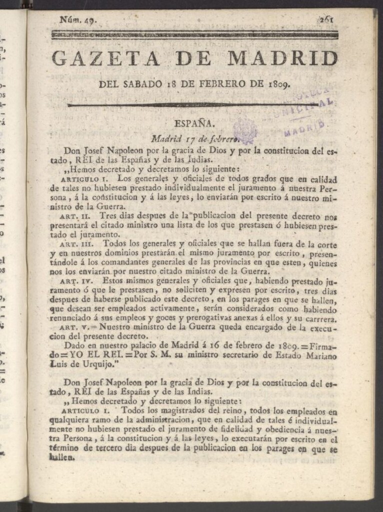 Miniatura de Gazeta de Madrid del 18 de febrero de 1809