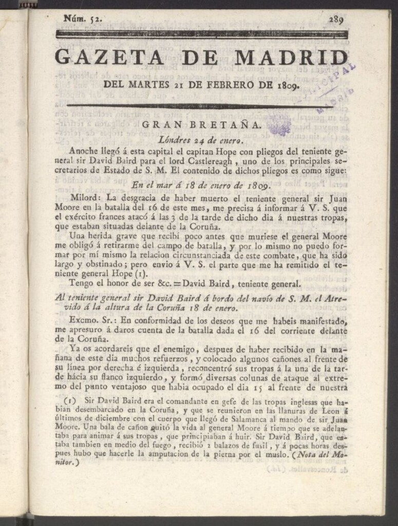 Miniatura de Gazeta de Madrid del 21 de febrero de 1809