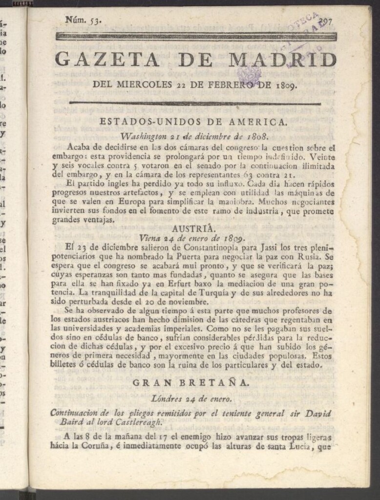 Miniatura de Gazeta de Madrid del 22 de febrero de 1809