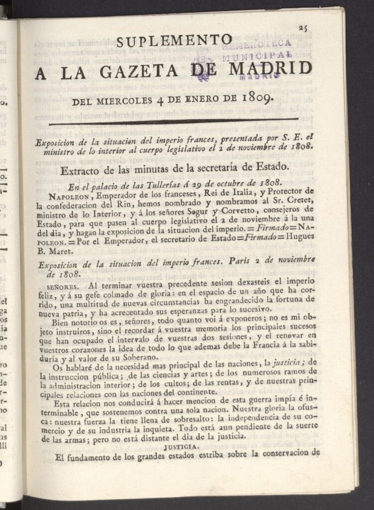 Miniatura de Gazeta de Madrid del 4 de enero de 1809, suplemento