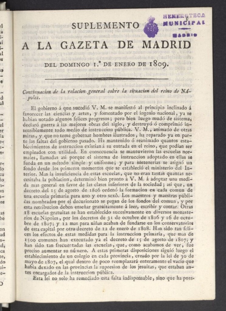 Miniatura de Gazeta de Madrid del 1 de enero de 1809, suplemento