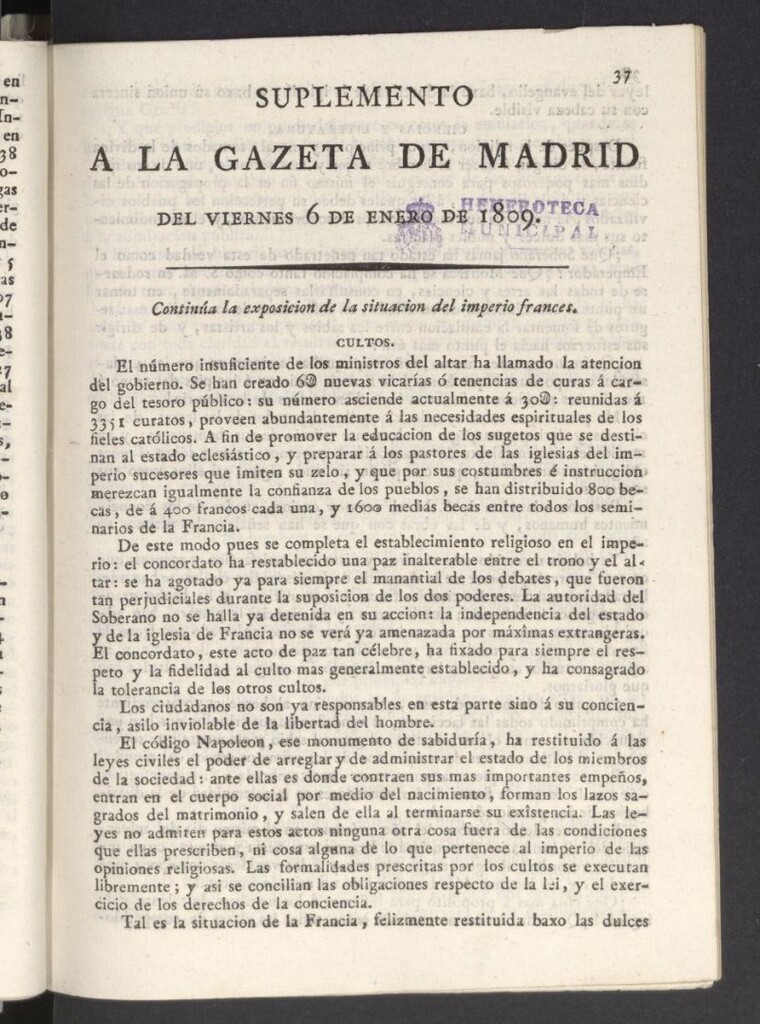 Miniatura de Gazeta de Madrid del 6 de enero de 1809, suplemento