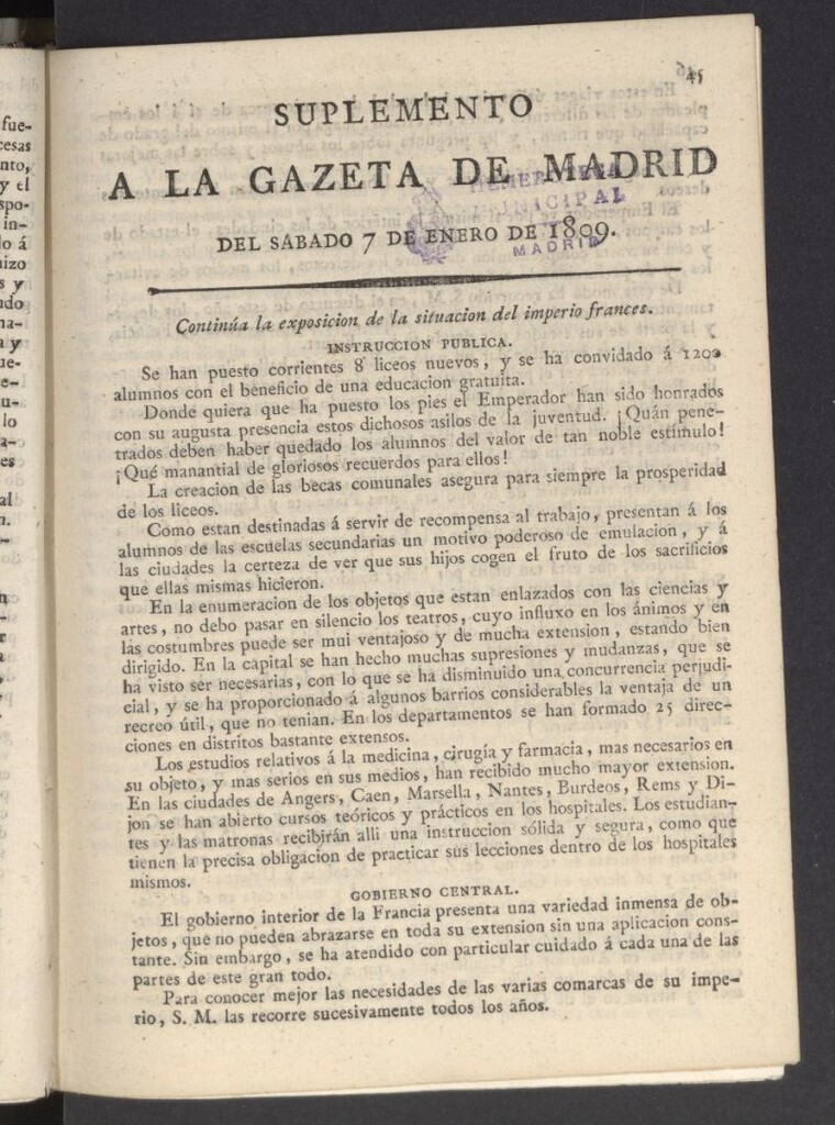 Miniatura de Gazeta de Madrid del 7 de enero de 1809, suplemento
