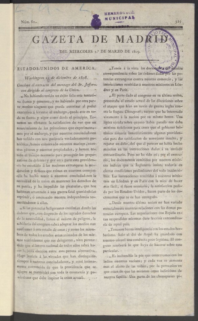 Miniatura de Gazeta de Madrid del 1 de marzo de 1809