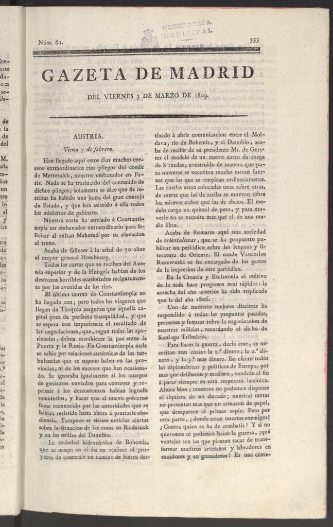 Miniatura de Gazeta de Madrid del 3 de marzo de 1809