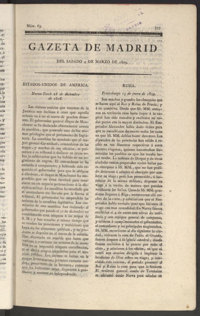 Miniatura de Gazeta de Madrid del 4 de marzo de 1809