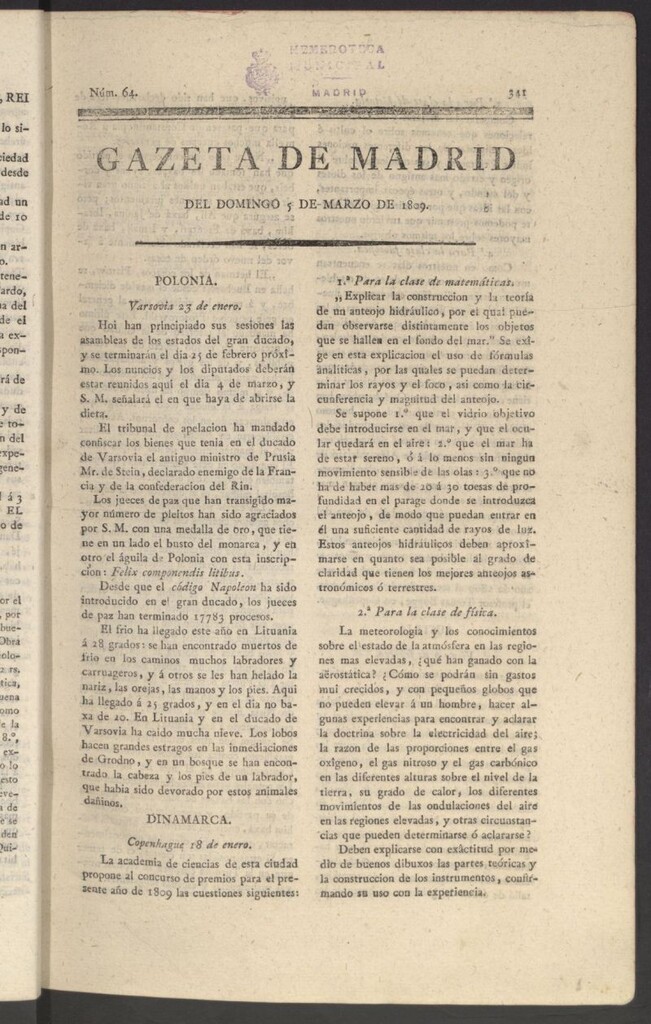 Miniatura de Gazeta de Madrid del 5 de marzo de 1809