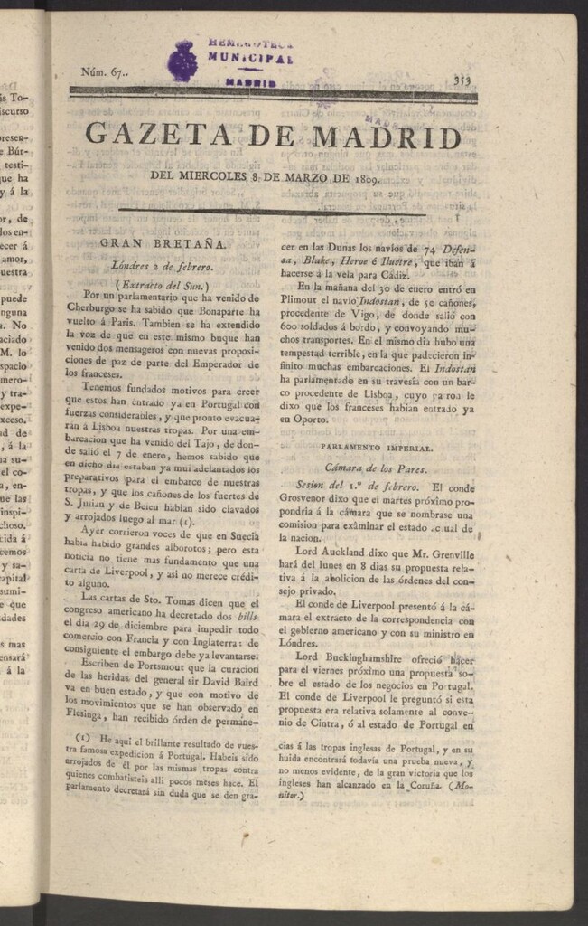 Miniatura de Gazeta de Madrid del 8 de marzo de 1809