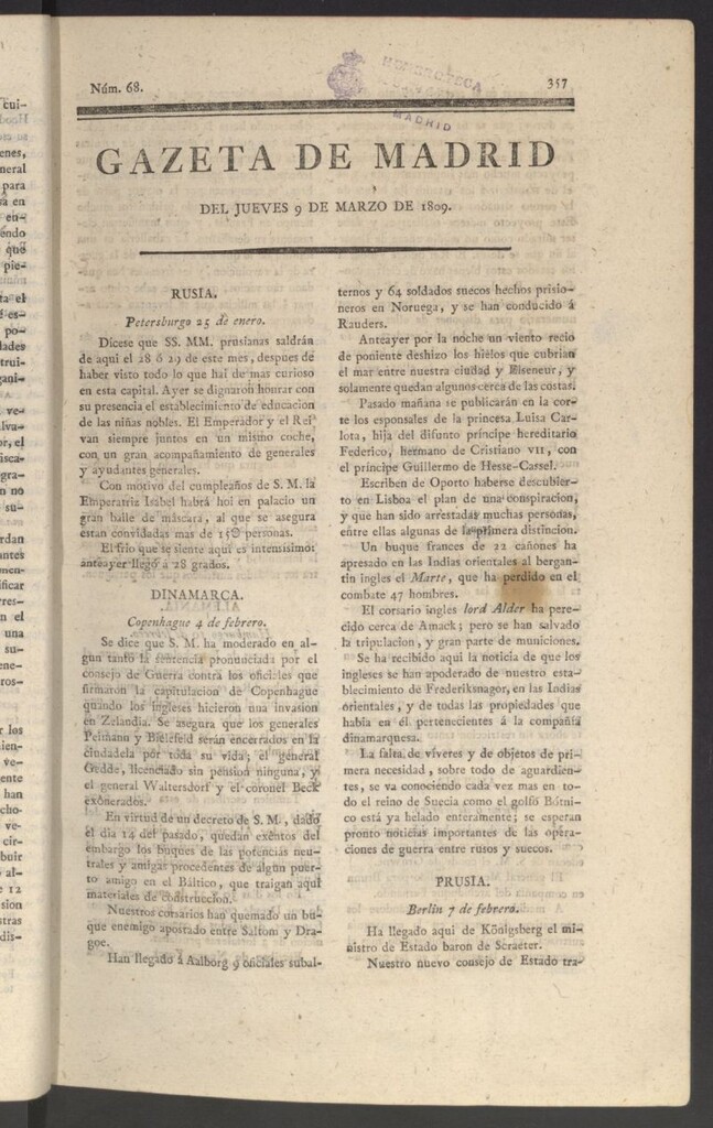 Miniatura de Gazeta de Madrid del 9 de marzo de 1809
