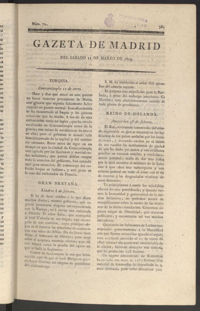 Miniatura de Gazeta de Madrid del 11 de marzo de 1809