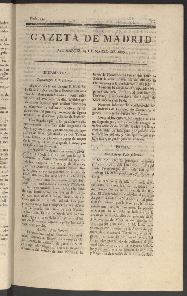 Miniatura de Gazeta de Madrid del 14 de marzo de 1809