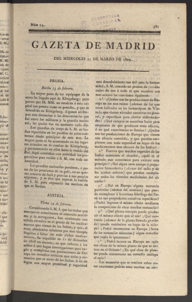 Miniatura de Gazeta de Madrid del 15 de marzo de 1809